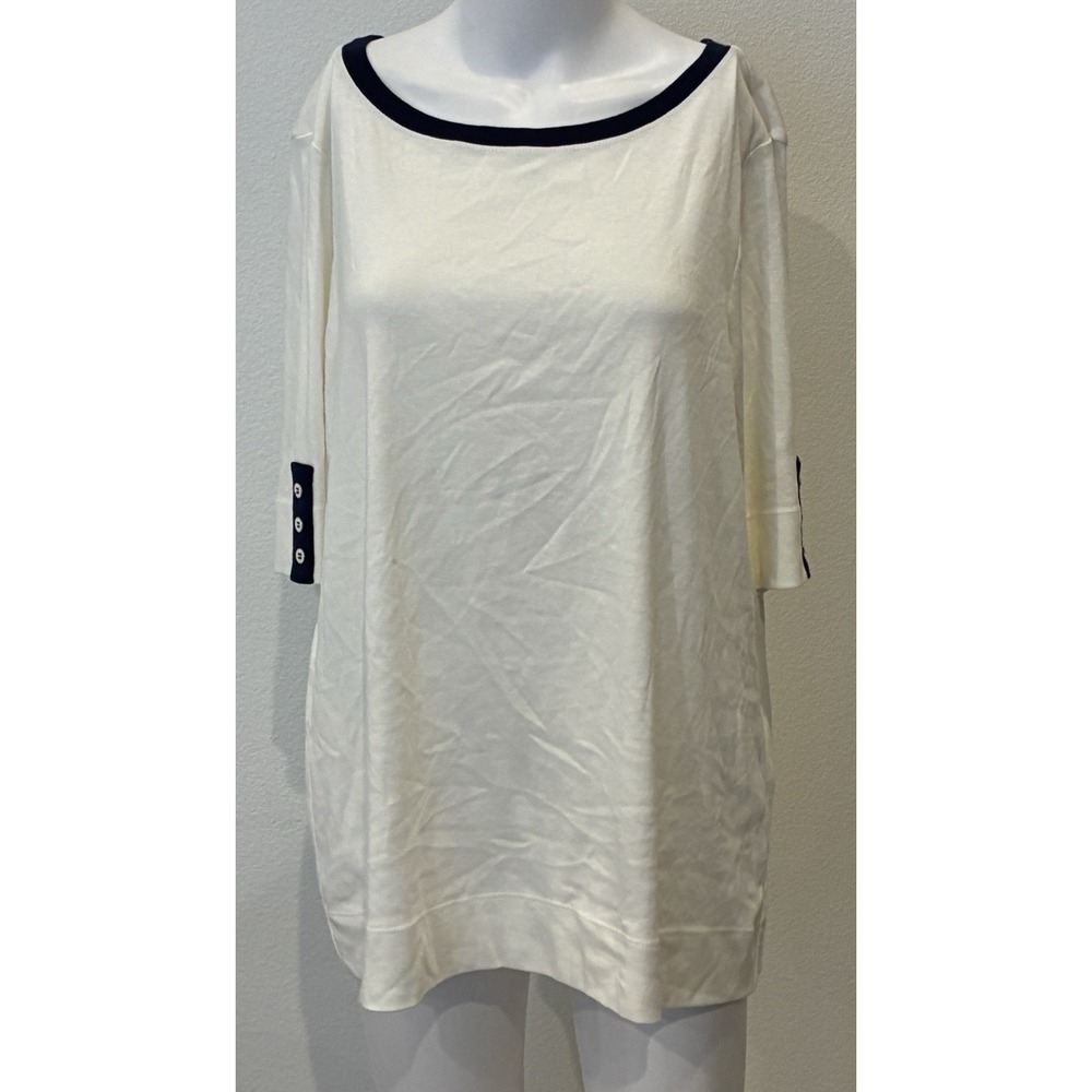 Chico's Nautical Pima Cotton Top Size 3 White Navy Old Money Preppy Work NWT